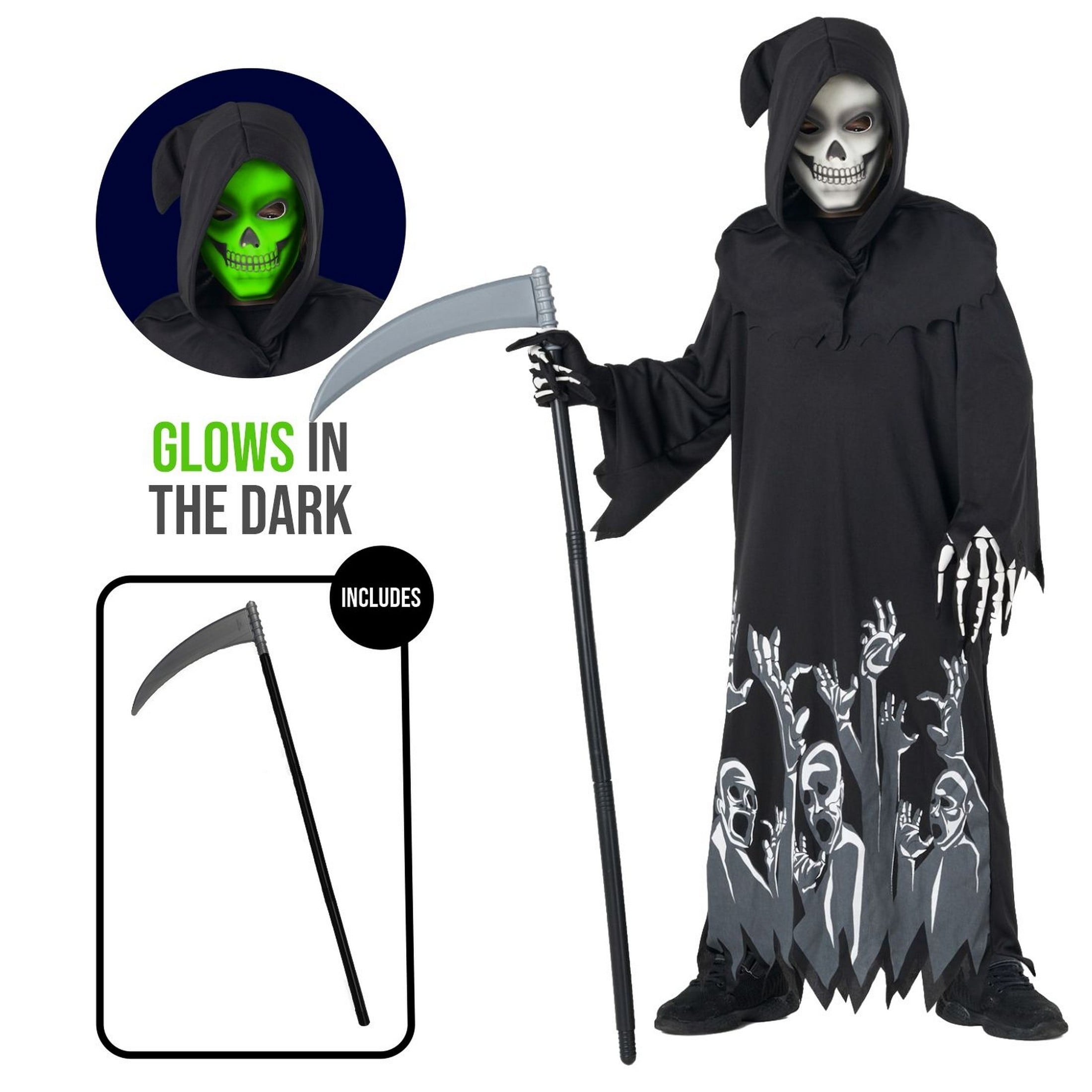  Kids Glow in the Dark Grim Reaper Costume Scy the Boy Girl Halloween Halloween Black L