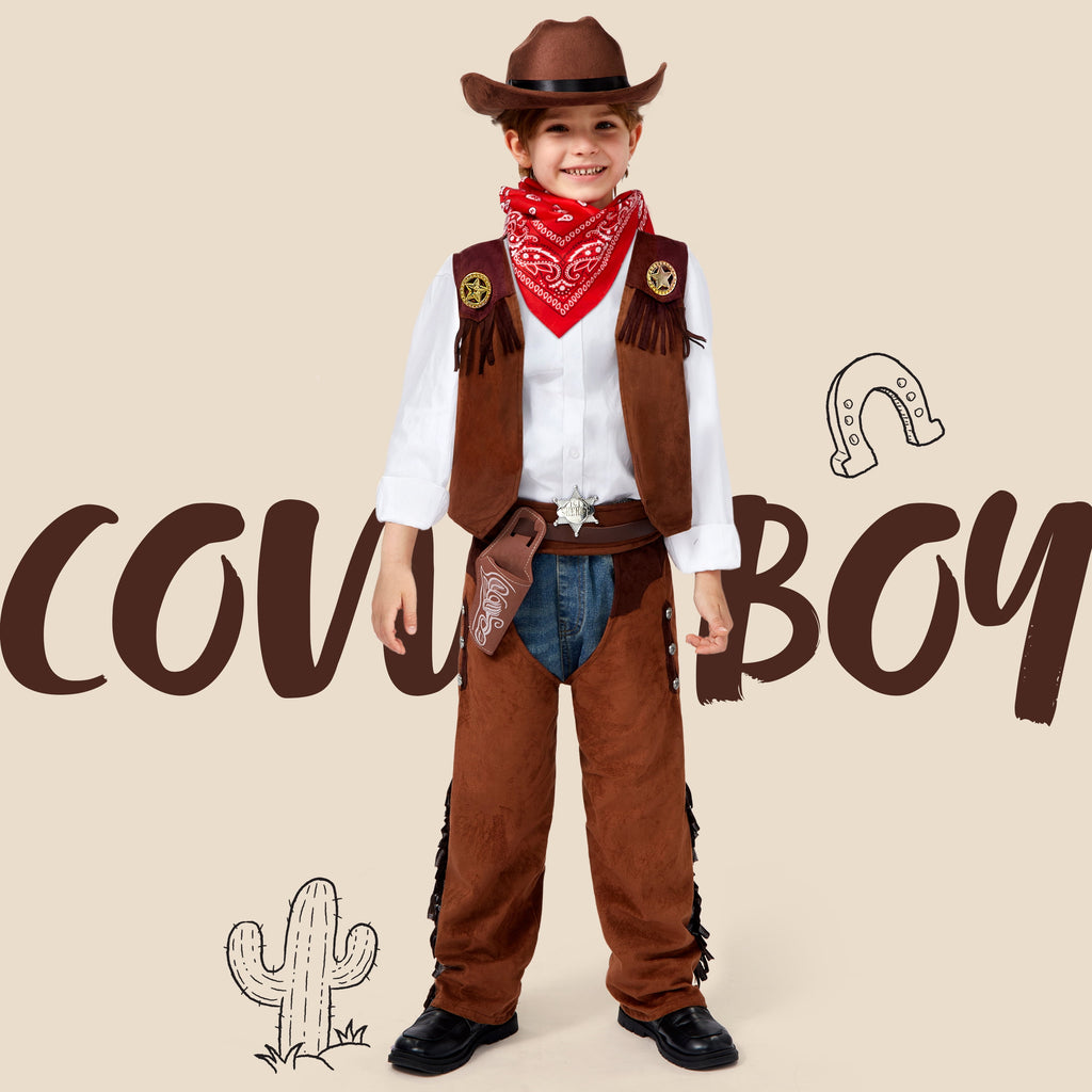  Halloween Cowboy Costume for Boys, Kids Cowboy Costume Set, Brown Western Style Cowboy Outfit with Cowboy Hat for Toddler Dress-up Party Cosplay