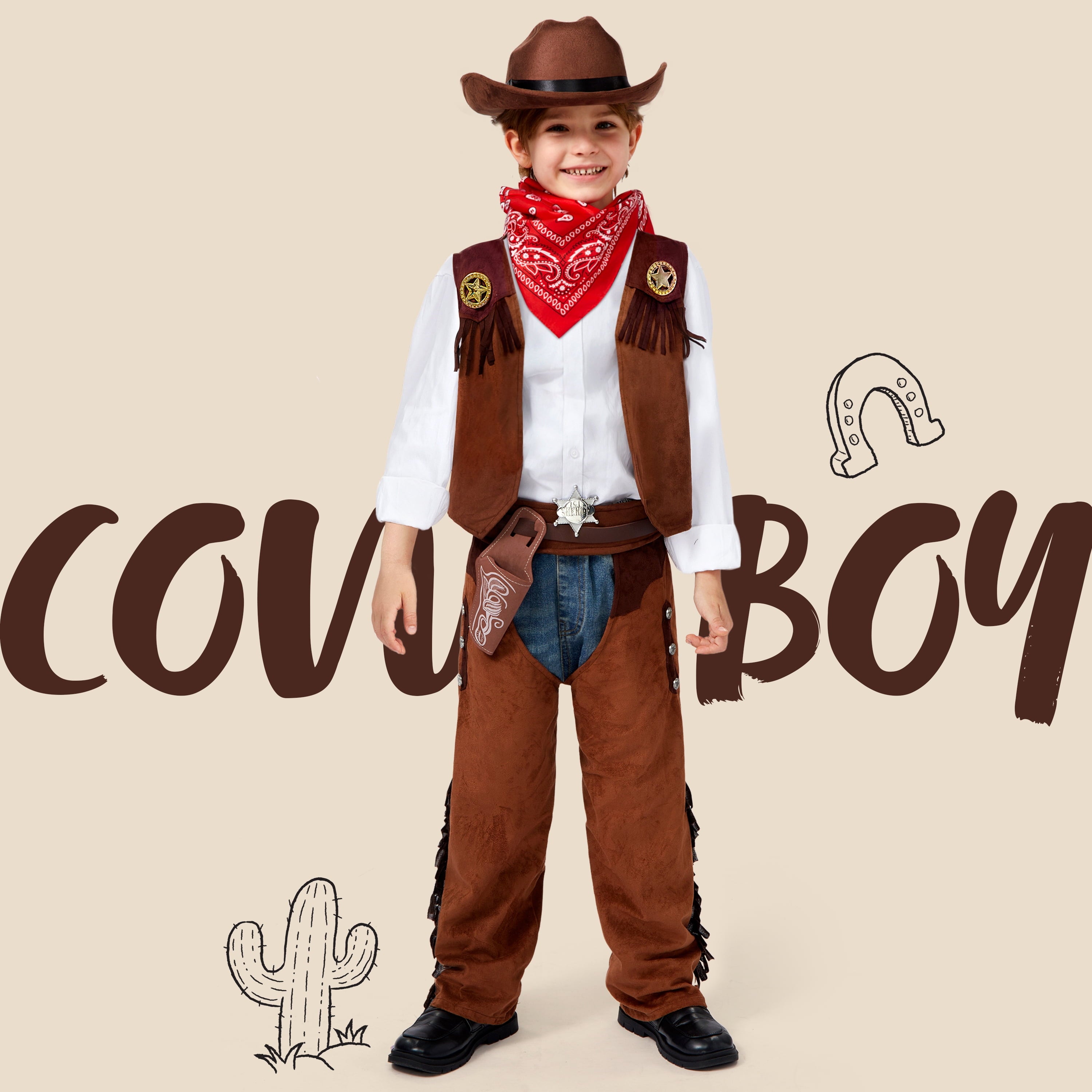 Halloween Cowboy Costume for Boys, Kids Cowboy Costume Set, Brown Western Style Cowboy Outfit with Cowboy Hat for Toddler Dress-up Party Cosplay