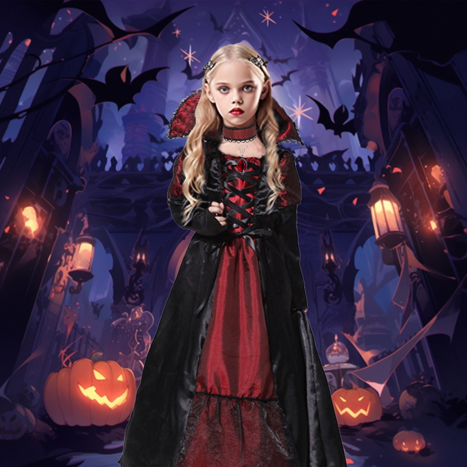 Alaiyaky Vampire Costume Kids, Halloween Costumes for Girls, Vampire Costume Girls Halloween Costume with Ruby Necklace earrings for Girls Halloween World Book Day
