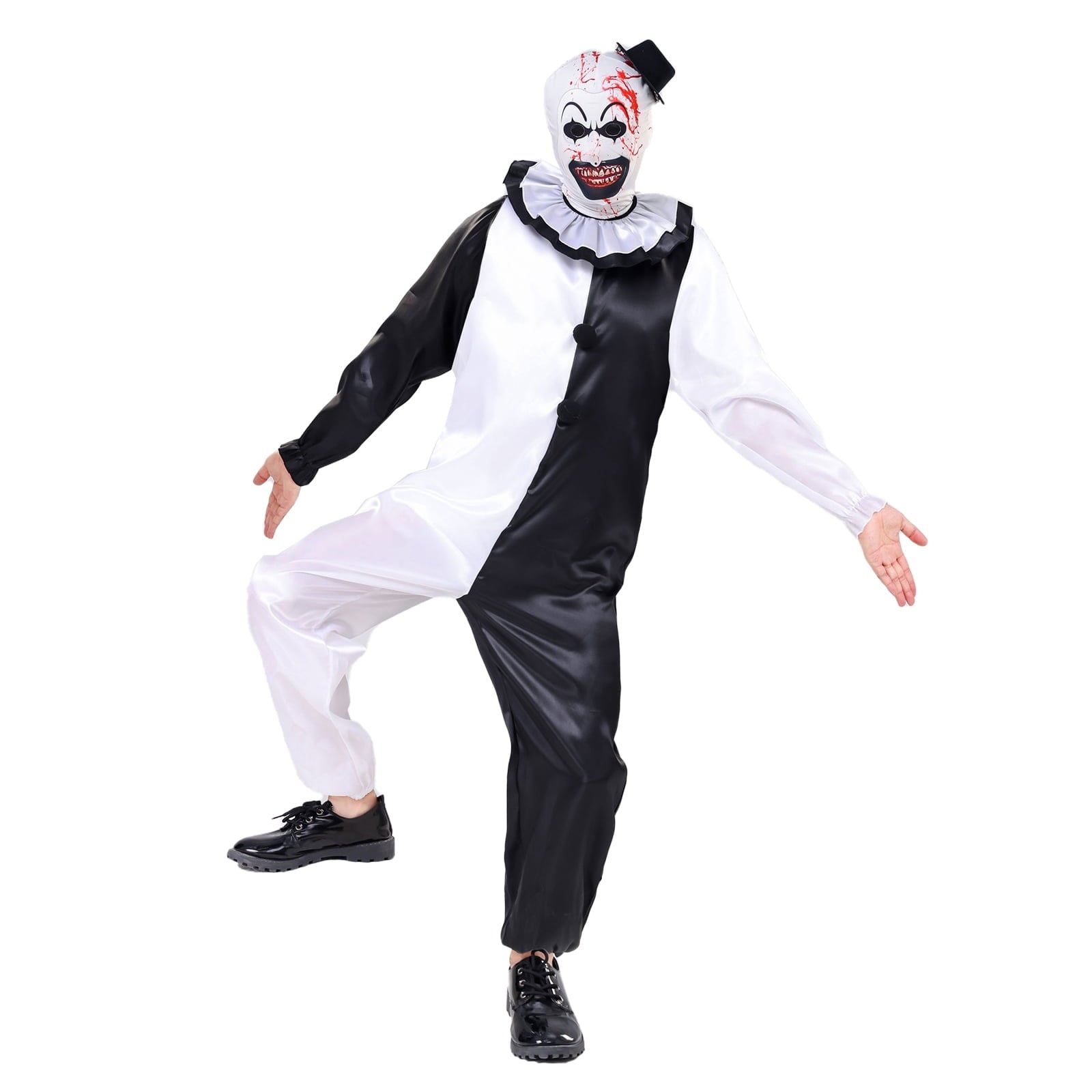  Unisex Kid Clown Costume Jumpsuit Black and White Halloween Outfit Scary Killer Cosplay with Mask Hat