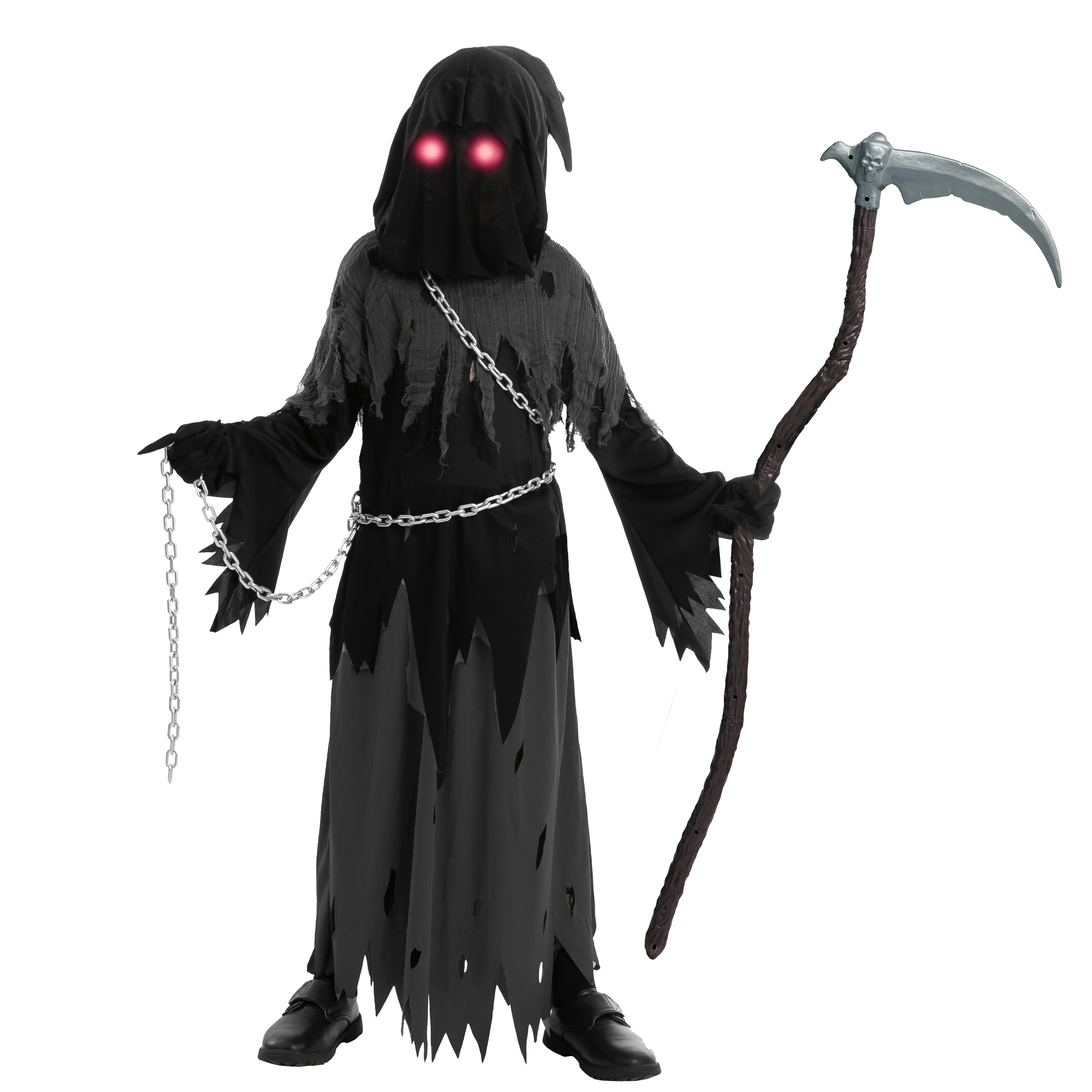  Child Glowing Eyes Grim Reaper Costume, Phantom Costume for Kids Halloween Fancy Dress Up 5-12 Years