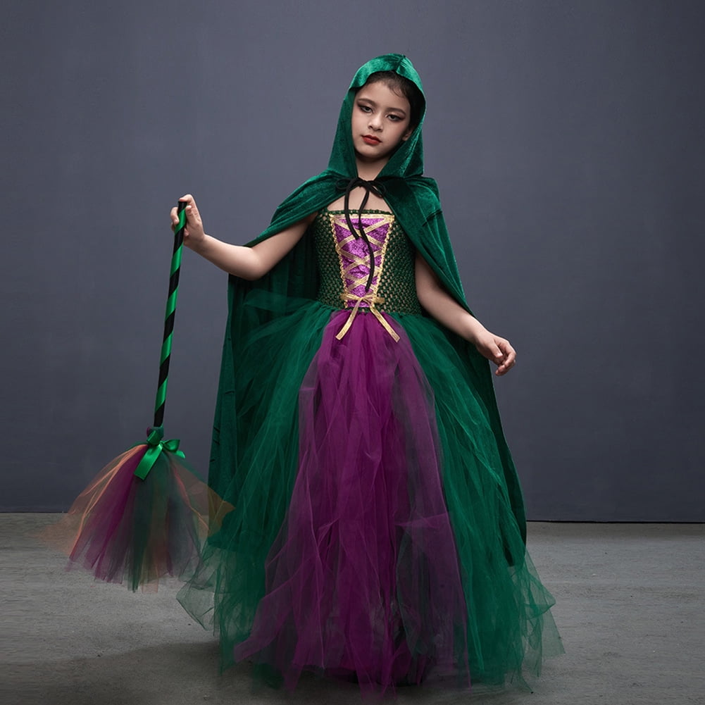 IBTOM CASTLE Kids Girls Witch Costumes Halloween Cosplay Costume Fancy Dress Cloak Witch Broom 3PCS Dress up Outfit 6-7 Years Green