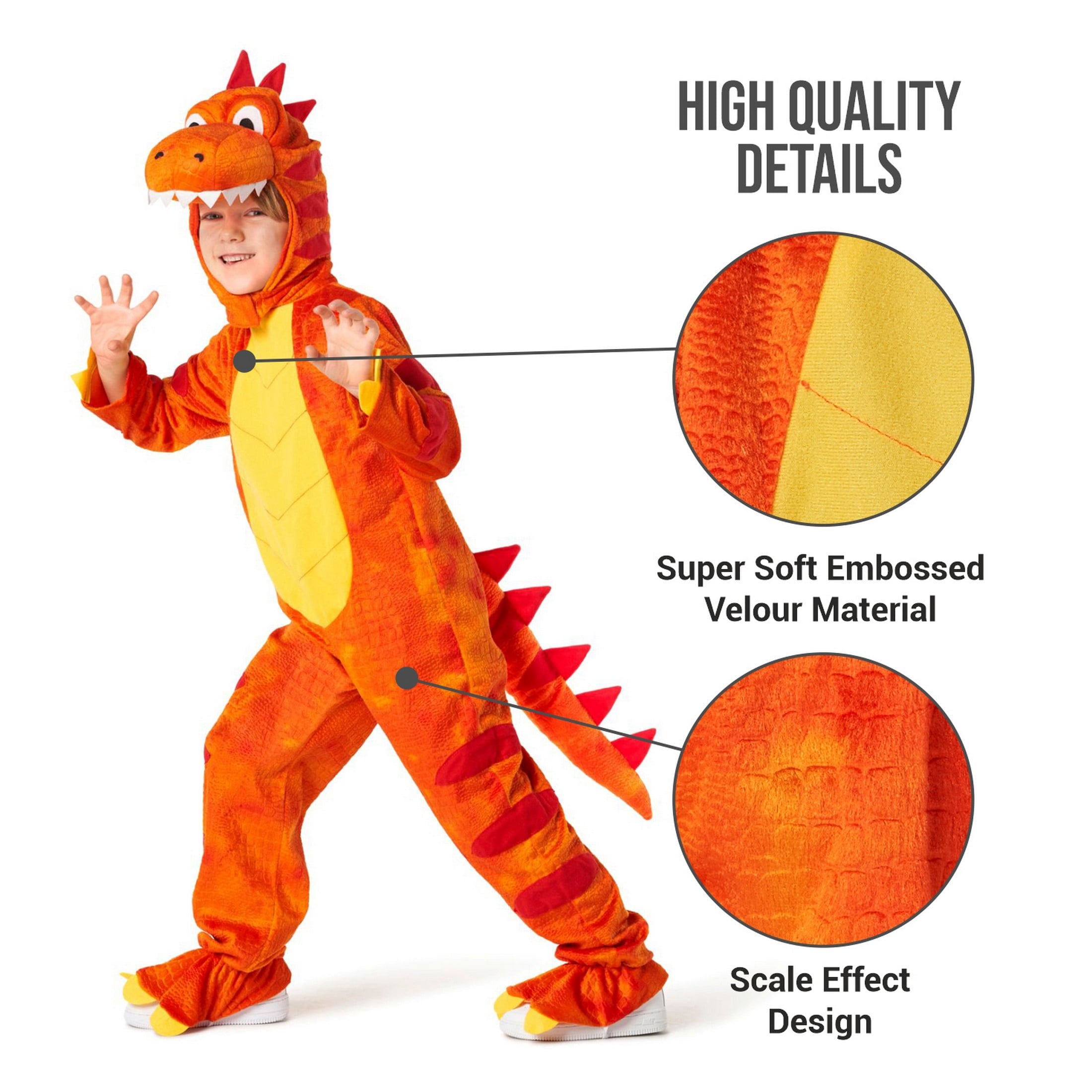  Kids Orange T Rex Costume Boys Girls Dinosaur Jumpsuit Fancy Dress Halloween Orange S