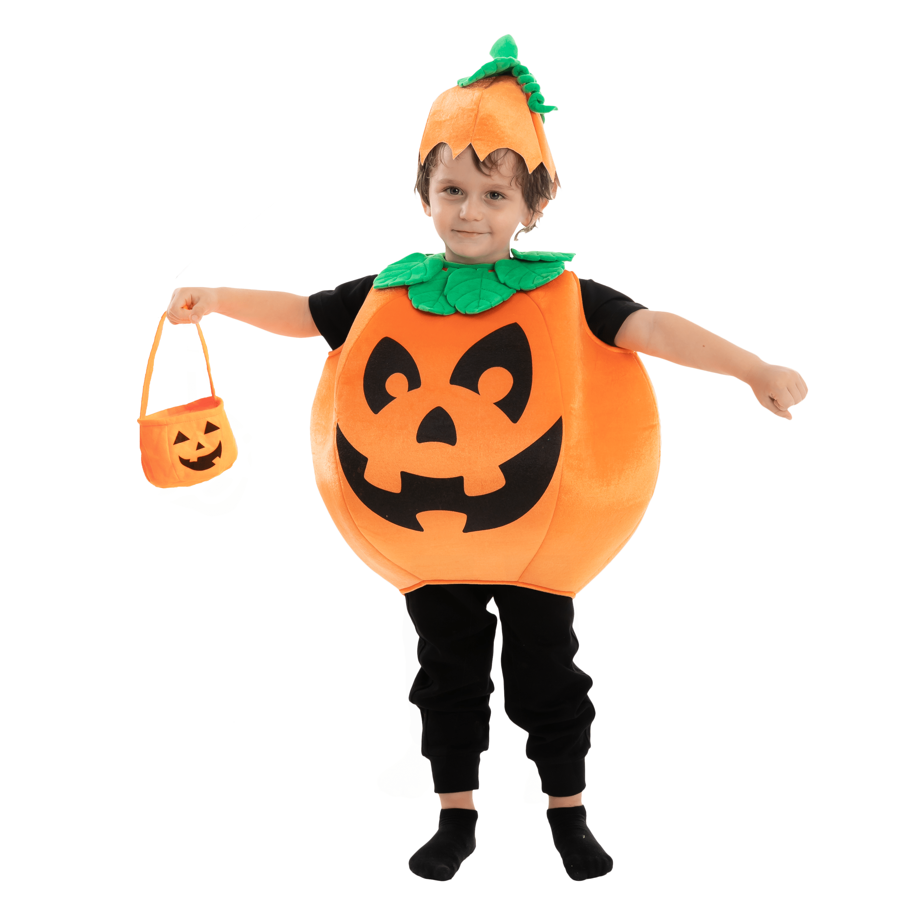  Child Pumpkin Costume with Toy Basket for Kids Toddler Halloween Dress Up Pumpkin Themed Party Role Play Cosplay