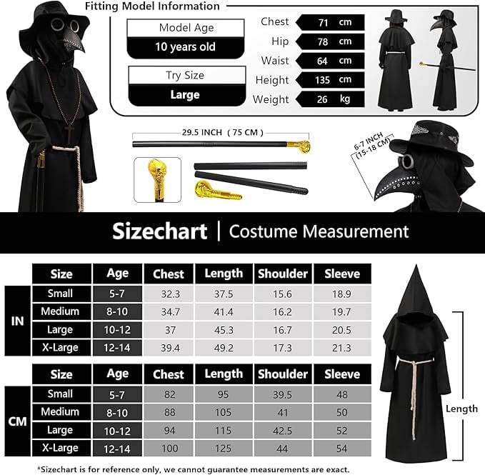 Plague Doctor Costume for Kids, 9 in 1 Halloween Costumes with Mask for Dress-Up Party for 10-12 Yeas