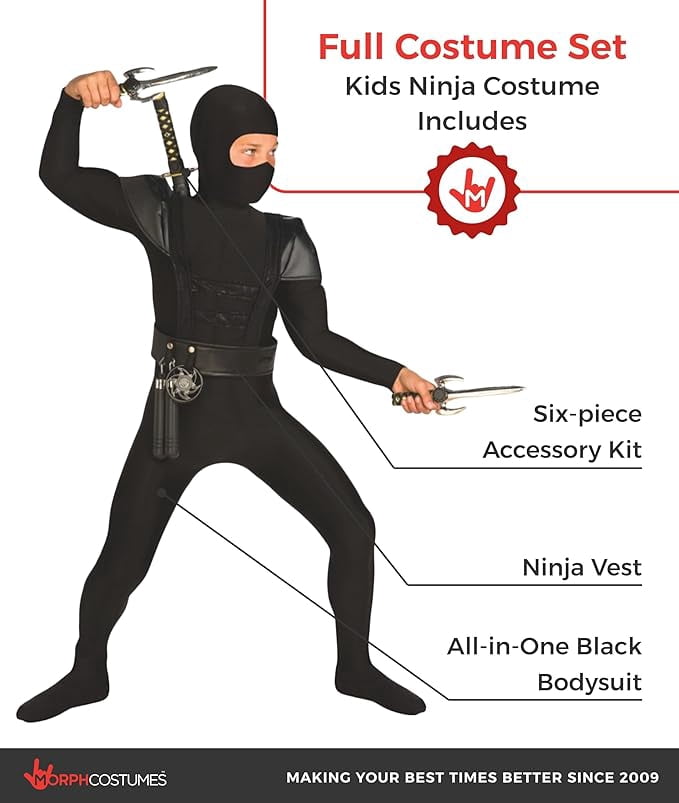 Boys Black Ninja Costume Toys Kids Samurai Warrior Book Day Week Halloween Black L