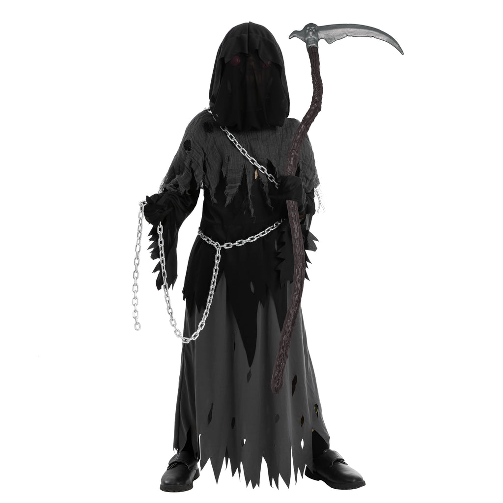  Child Glowing Eyes Grim Reaper Costume, Phantom Costume for Kids Halloween Fancy Dress Up 5-12 Years