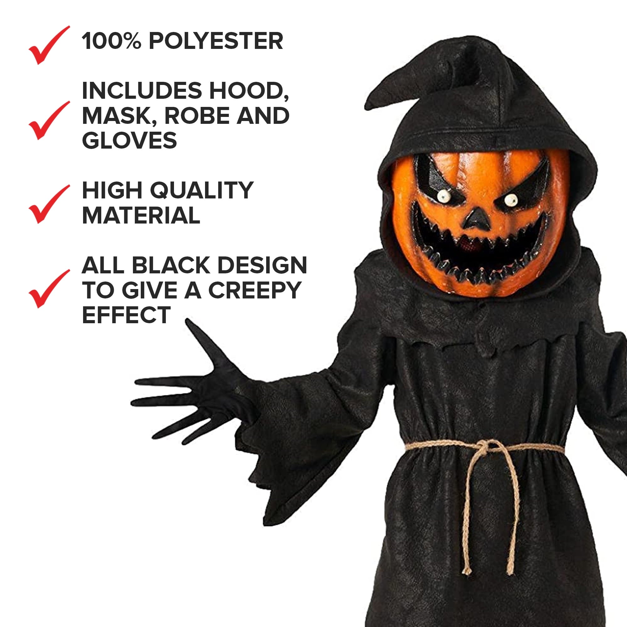  Kids Evil Pumpkin Monster Costume Boy Girl Jack Lantern Halloween Fancy Dress Black/Orange L