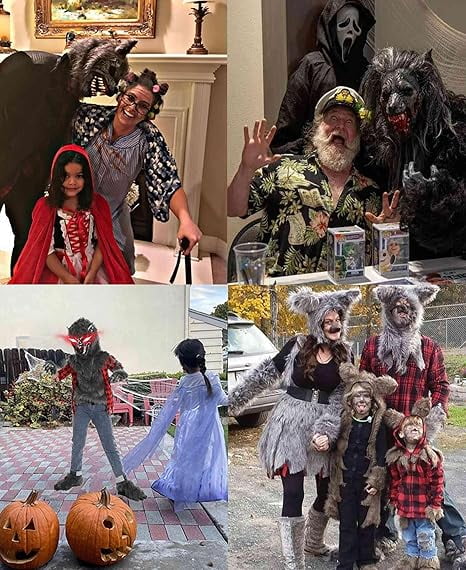  Boys Wolf Costume Set  Halloween Red Werewolf Outfit with Glowing Eyes Mask, Shoe Covers, Gloves, Tail & Vampire Fangs (3-4T)
