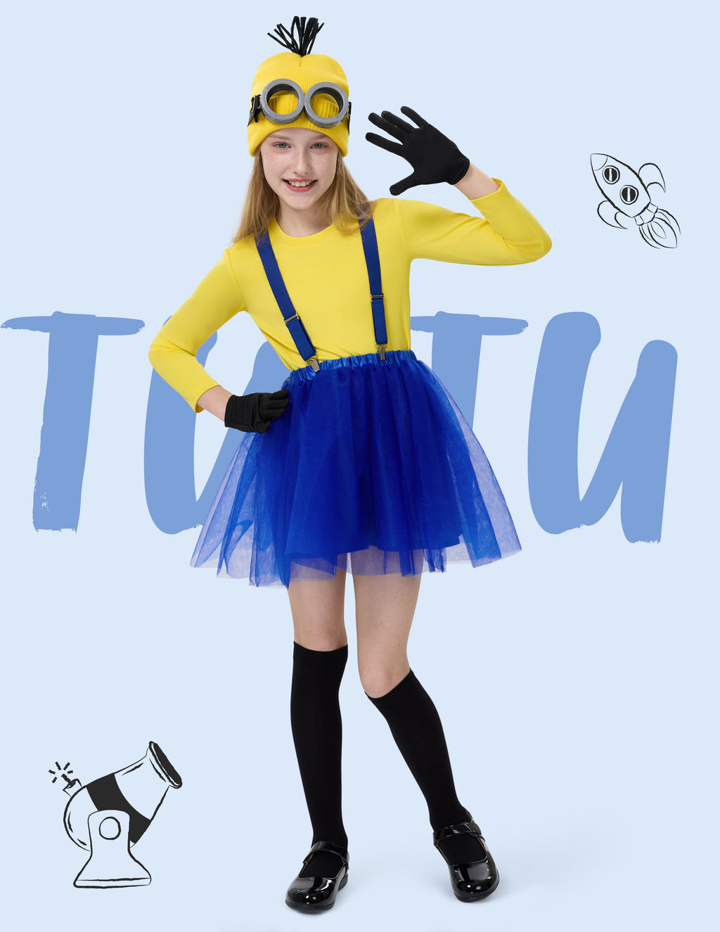  Halloween Kids Costume Accessories Set with Goggles/Beanie/Yellow Tutu Shirt/Suspenders/Gloves for Halloween Fancy Party Dress up Cosplay