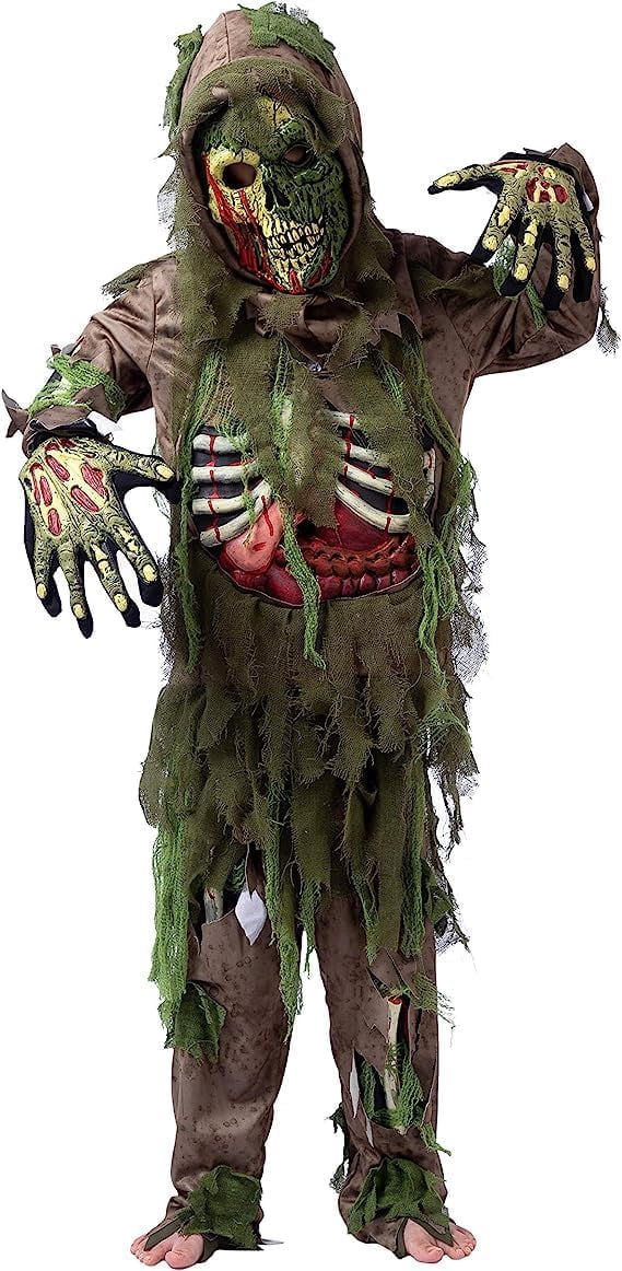  Halloween Swamp Skeleton Living Dead Zombie Costume for Boys, Scary Zombie Costume for Kids Halloween Monster Themed Party Dress Up
