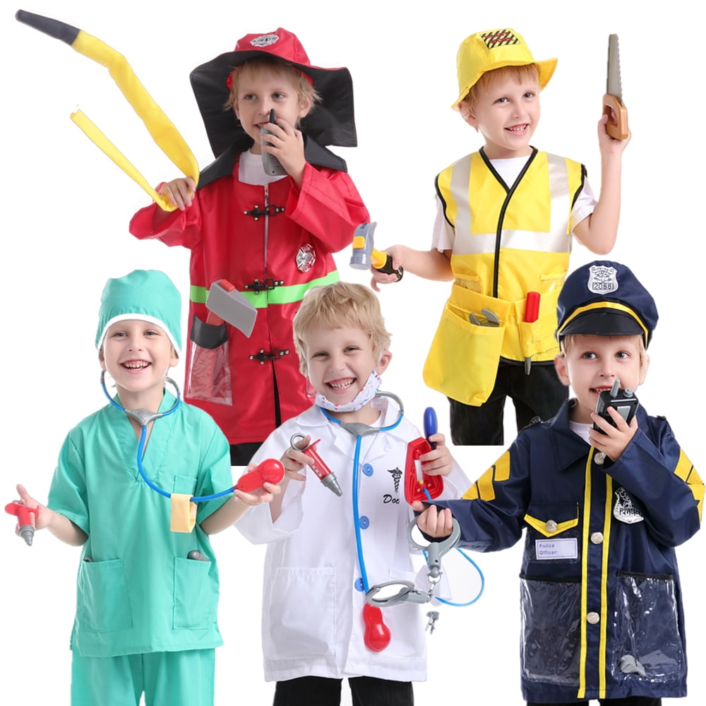 Toptie 5 Sets Kids Dress Up Costumes for Preschool, Doctor Firefighter Police Surgeon Construction Worker for Boys Girls