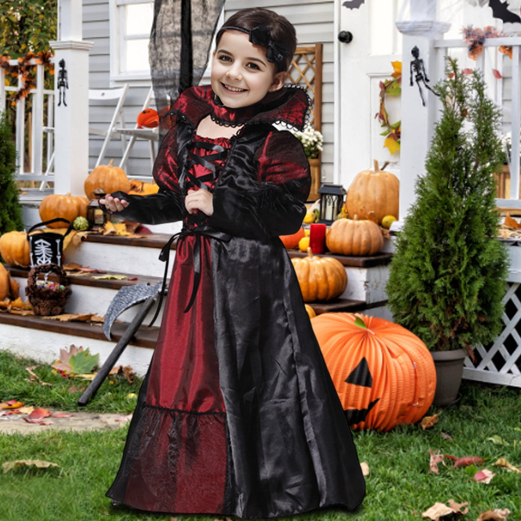 Alaiyaky Vampire Costume Kids, Halloween Costumes for Girls, Vampire Costume Girls Halloween Costume with Ruby Necklace earrings for Girls Halloween World Book Day