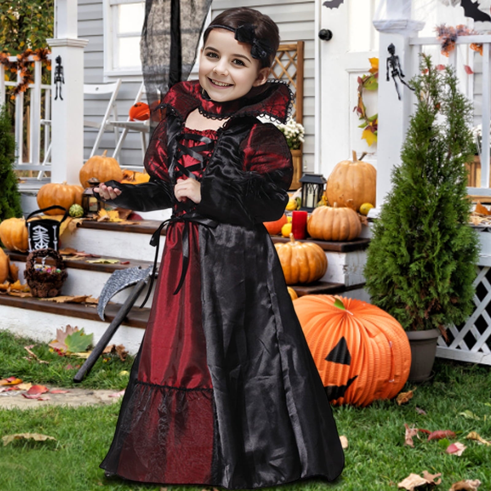 Alaiyaky Vampire Costume Kids, Halloween Costumes for Girls, Vampire Costume Girls Halloween Costume with Ruby Necklace earrings for Girls Halloween World Book Day