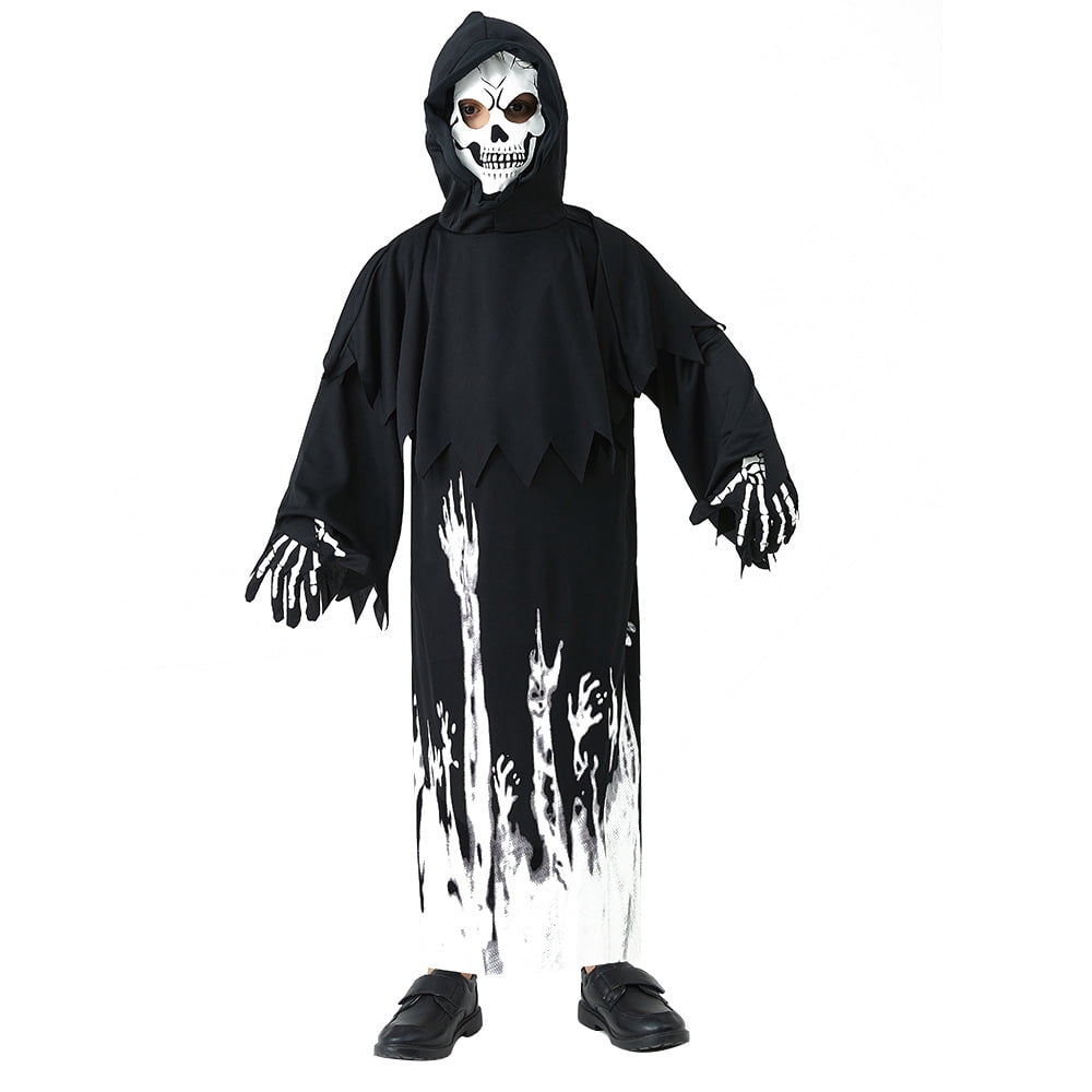  Halloween Glow In The Dark Grim Reaper Costume for Kids, Cosplay Robe without Scary Scythe for Boys Girls, 5-12 Years