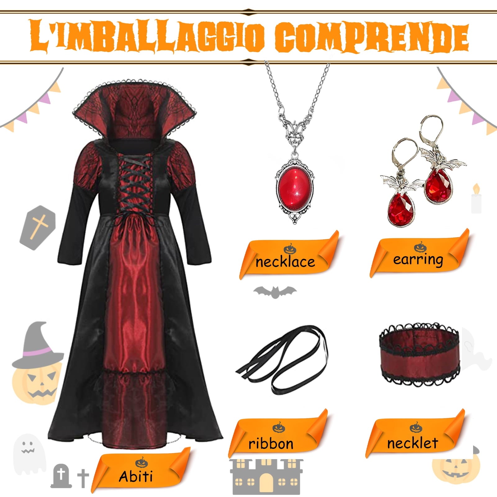 Alaiyaky Vampire Costume Kids, Halloween Costumes for Girls, Vampire Costume Girls Halloween Costume with Ruby Necklace earrings for Girls Halloween World Book Day