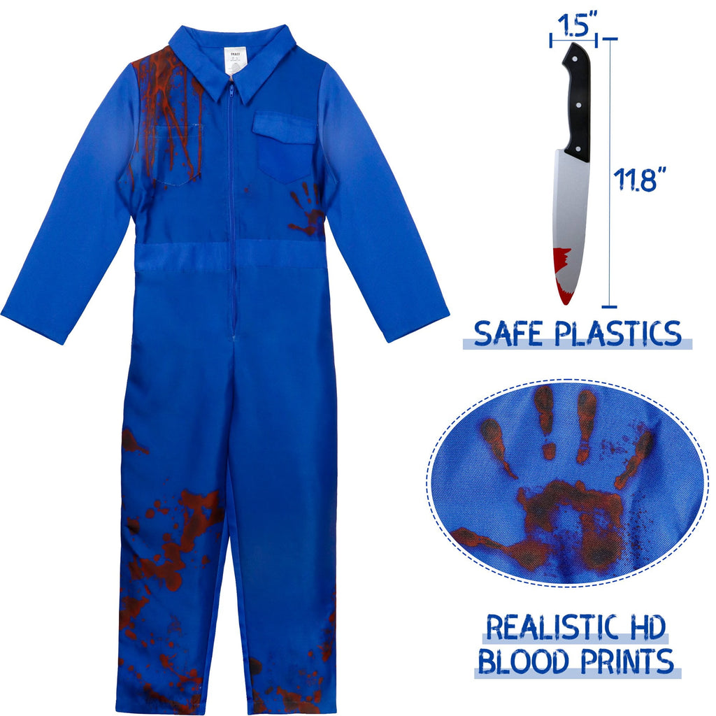 Halloween Zombie Killer Costume for Big Kids Boys Scary Horror Jumpsuit with Accessories 10-12 Years