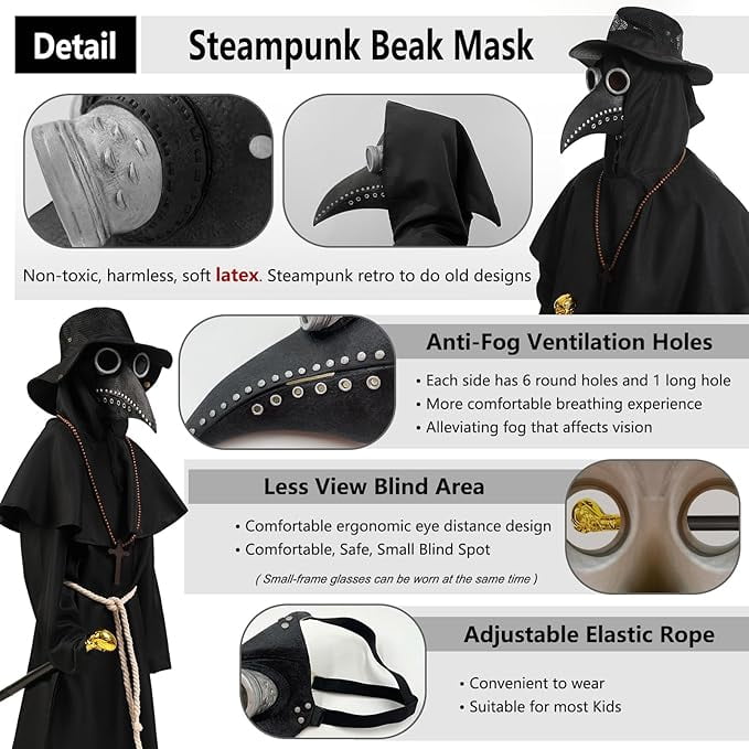 Plague Doctor Costume for Kids, 9 in 1 Halloween Costumes with Mask for Dress-Up Party for 10-12 Yeas