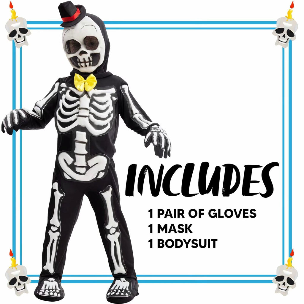  Glows in the Dark Skeleton Costume for Kids, Black Skelebones Jumpsuit, Bone Halloween Costume Dress up for Girls & Boy
