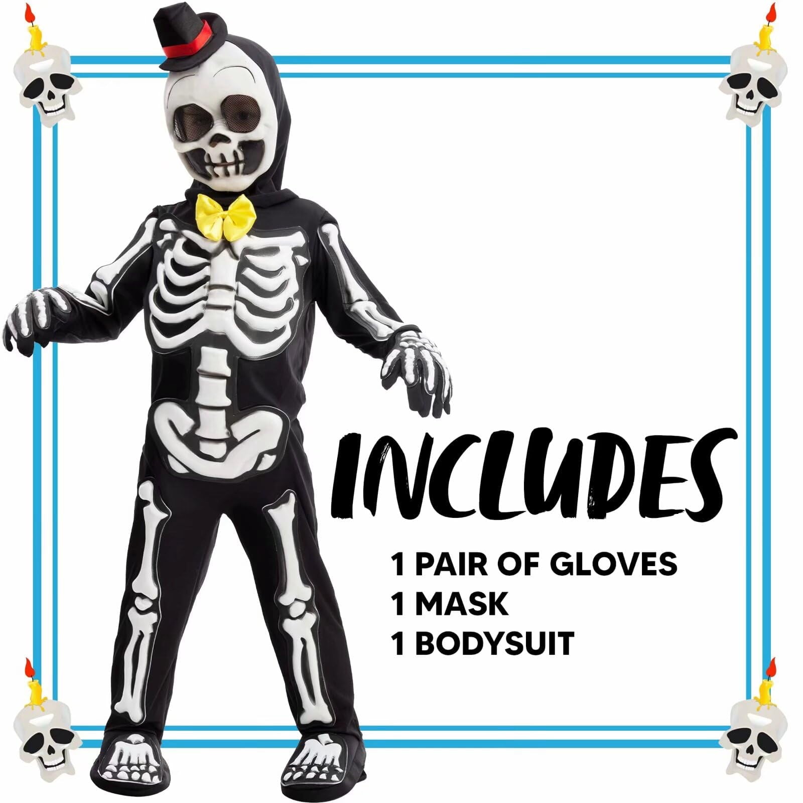  Glows in the Dark Skeleton Costume for Kids, Black Skelebones Jumpsuit, Bone Halloween Costume Dress up for Girls & Boy