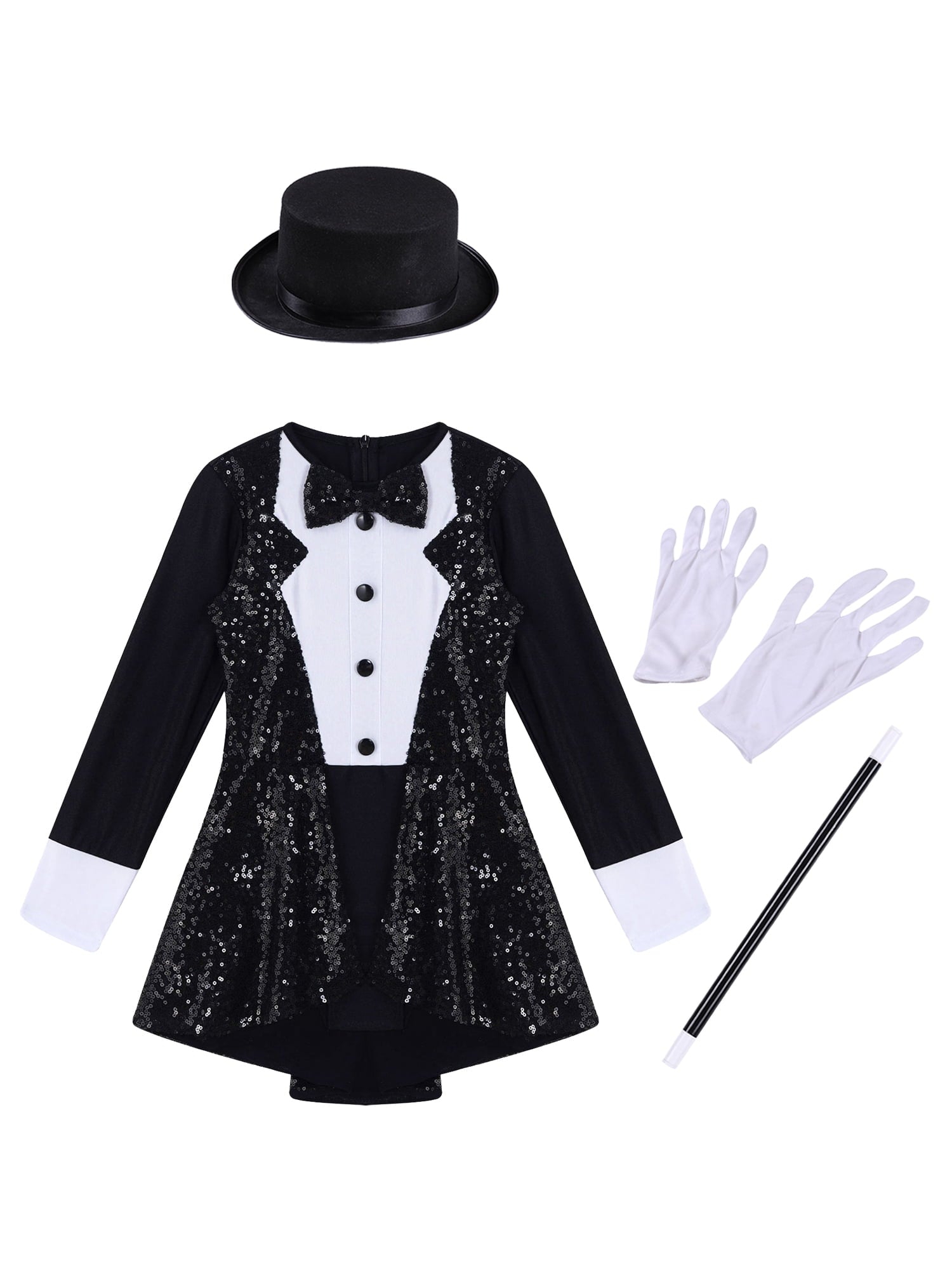 TiaoBug Kids Girls Magician Costume Long Sleeve Sequins Leotards Halloween Fancy Dress Up Outfits Black 8