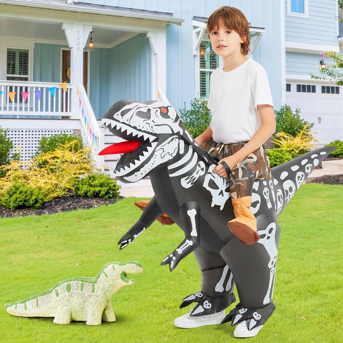 COMIN 36 inch Inflatable Dinosaur Costume Kids Ride-on Inflatables Blow Up Dino Costume Skeleton Funny Dress for Halloween Party
