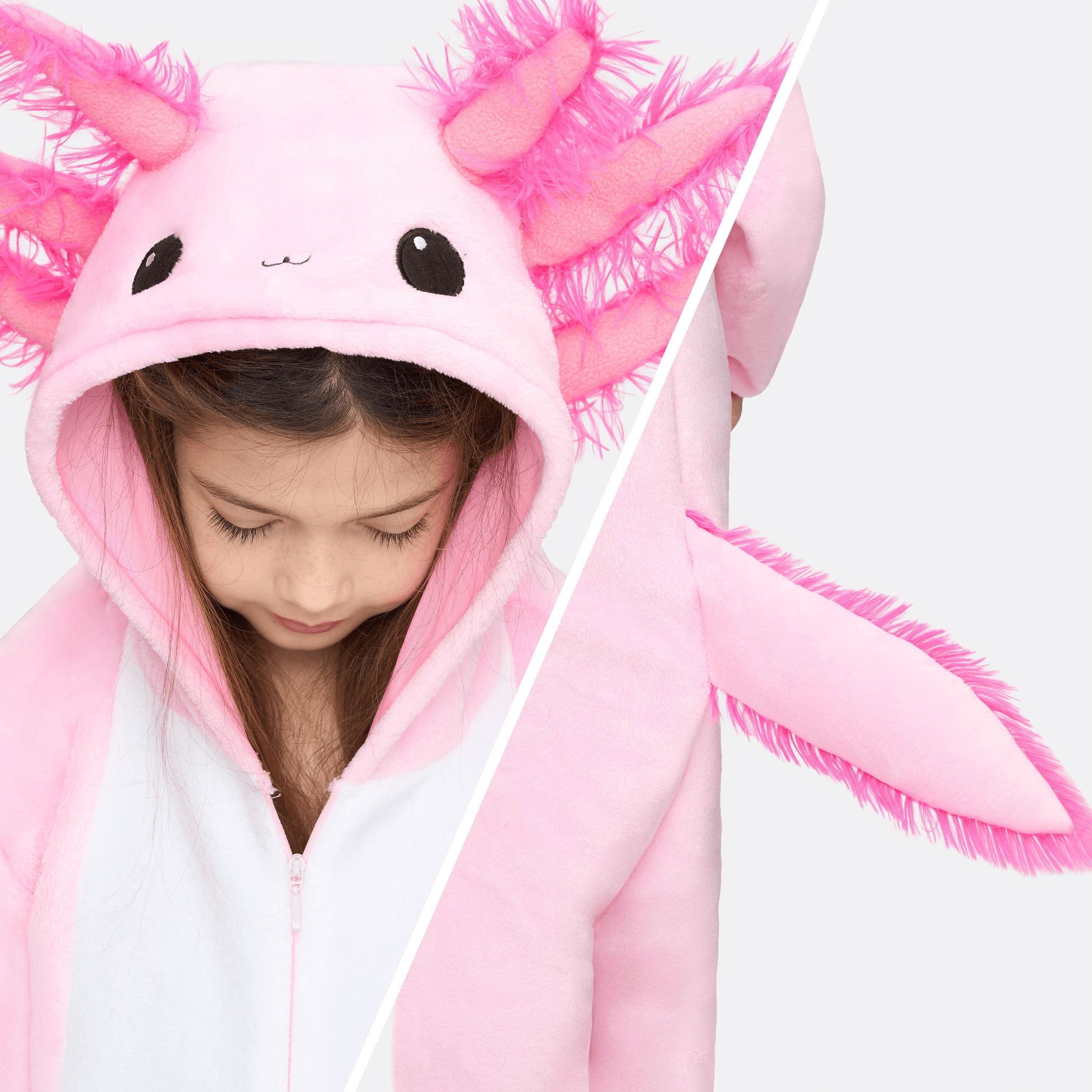  Halloween Axolotl Costume for Kids, Zip-Up Hooded Jumpsuit Pajama for Halloween Themed Party
