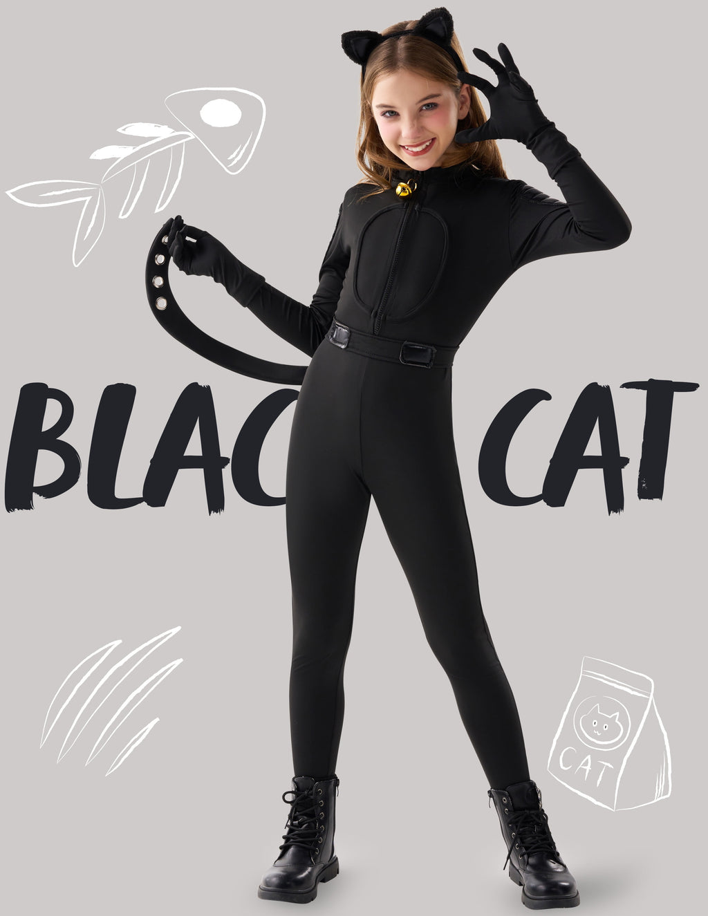  Black Cat Costume for Girls, Kids Cat Outfit Set with Tail, Child Black Cat Halloween Costume for Cosplay Party