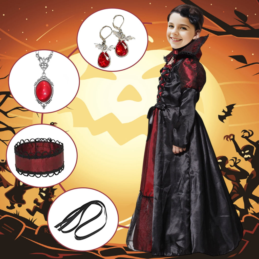 Alaiyaky Vampire Costume Kids, Halloween Costumes for Girls, Vampire Costume Girls Halloween Costume with Ruby Necklace earrings for Girls Halloween World Book Day