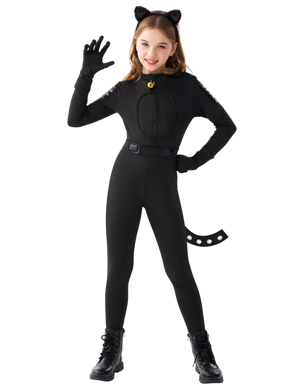 Black Cat Costume for Girls, Kids Cat Outfit Set with Tail, Child Black Cat Halloween Costume for Cosplay Party