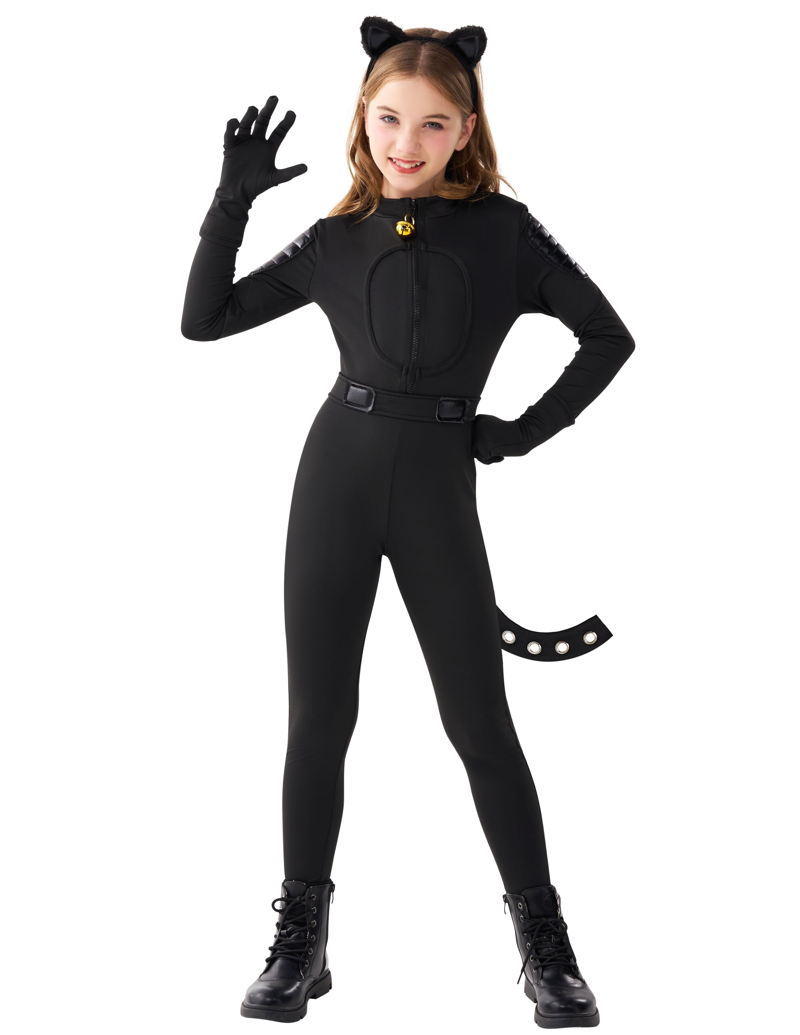  Black Cat Costume for Girls, Kids Cat Outfit Set with Tail, Child Black Cat Halloween Costume for Cosplay Party