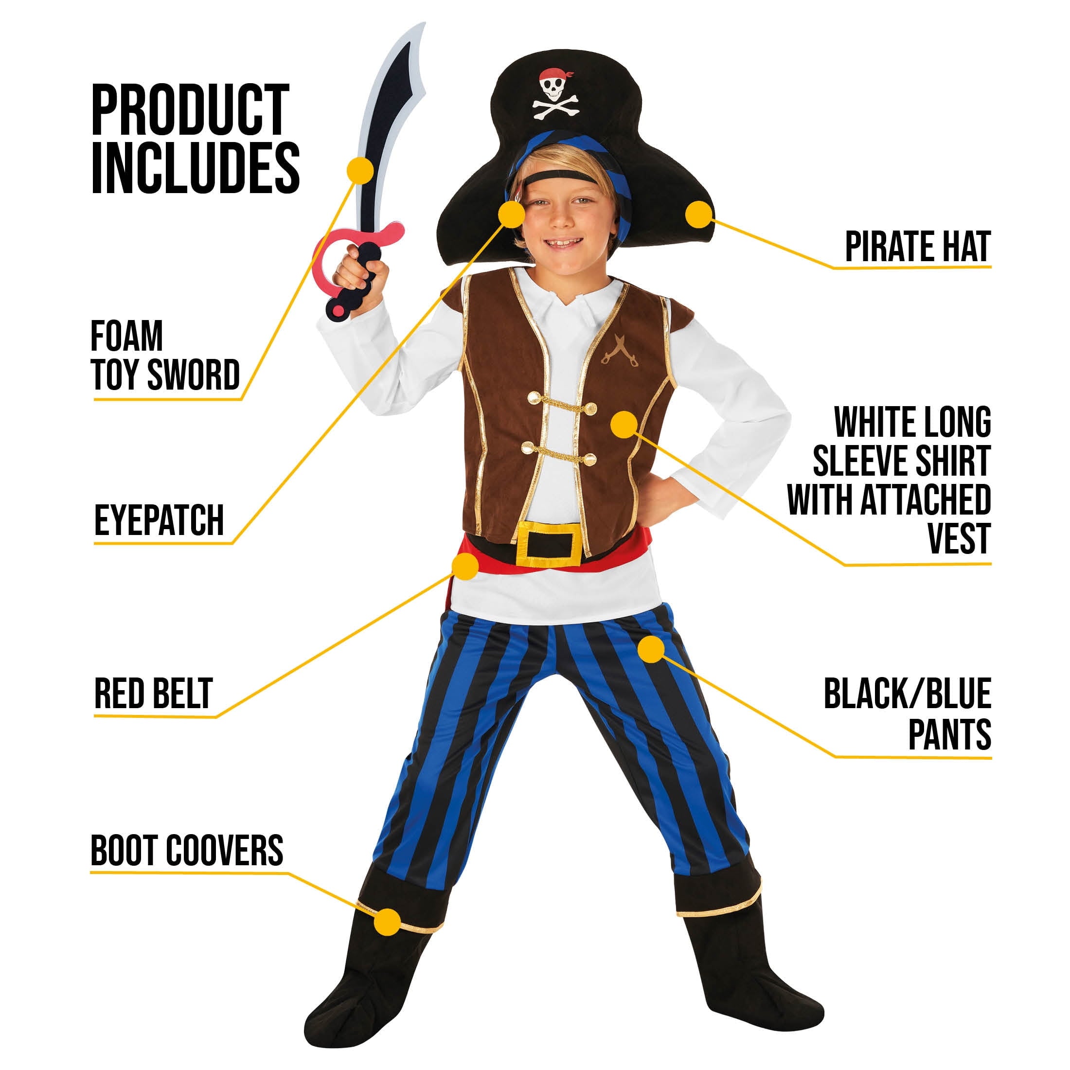  Boys Blue Pirate Costume Hat Toy Sword Kids Buccaneer Captain Halloween Halloween Blue L