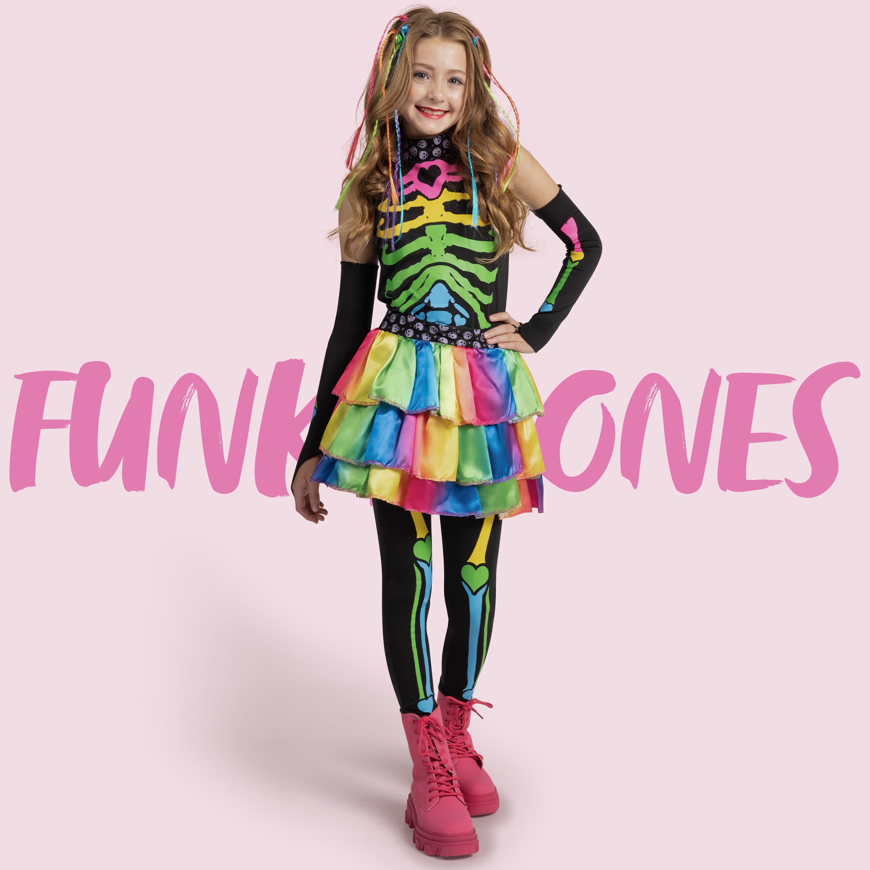  Skeleton Tutu Dress for Girls, Colorful Bones Skeleton Costume for Kids Halloween Dress Party up Cosplay