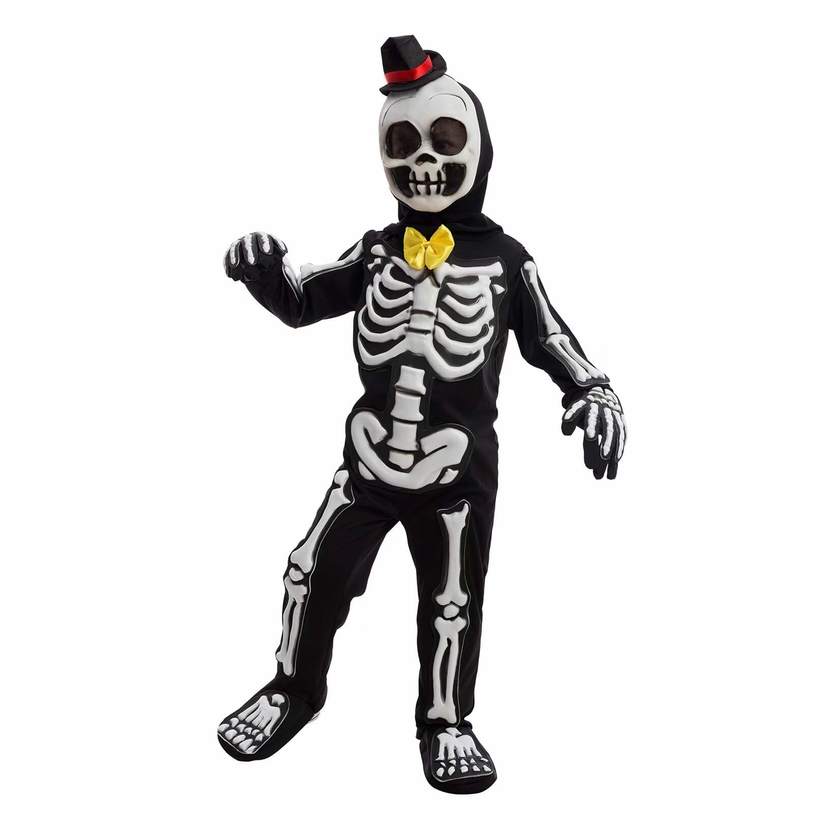  Glows in the Dark Skeleton Costume for Kids, Black Skelebones Jumpsuit, Bone Halloween Costume Dress up for Girls & Boy