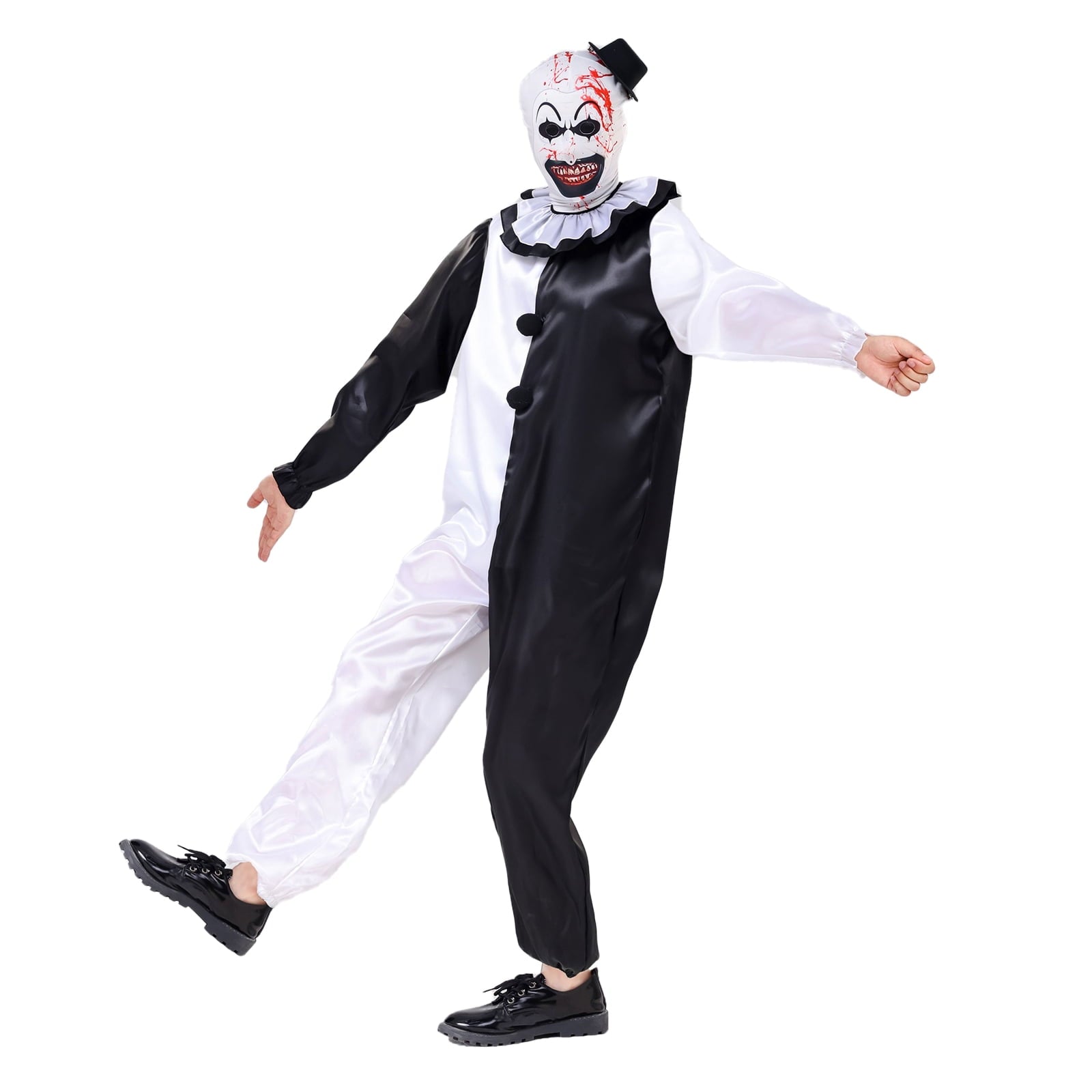  Unisex Kid Clown Costume Jumpsuit Black and White Halloween Outfit Scary Killer Cosplay with Mask Hat