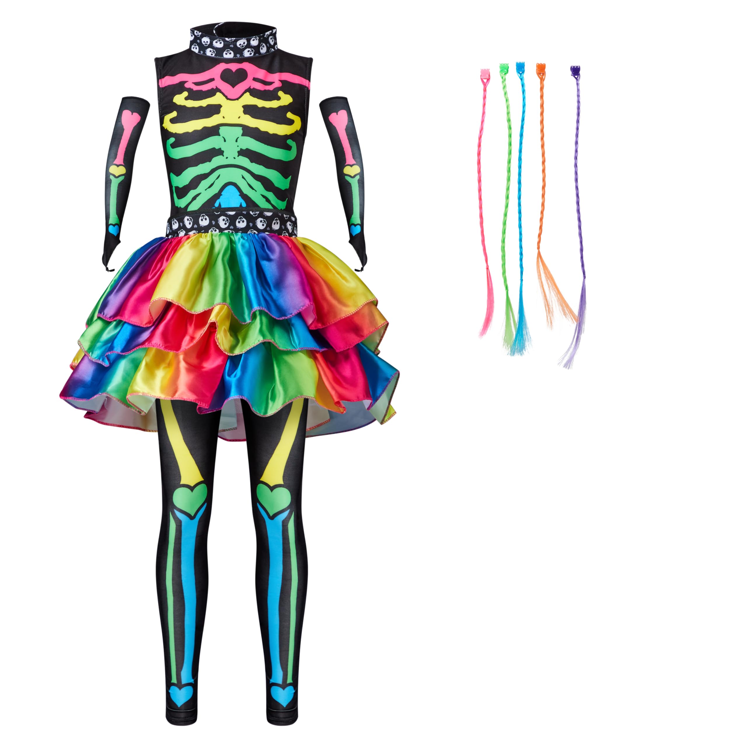  Skeleton Tutu Dress for Girls, Colorful Bones Skeleton Costume for Kids Halloween Dress Party up Cosplay