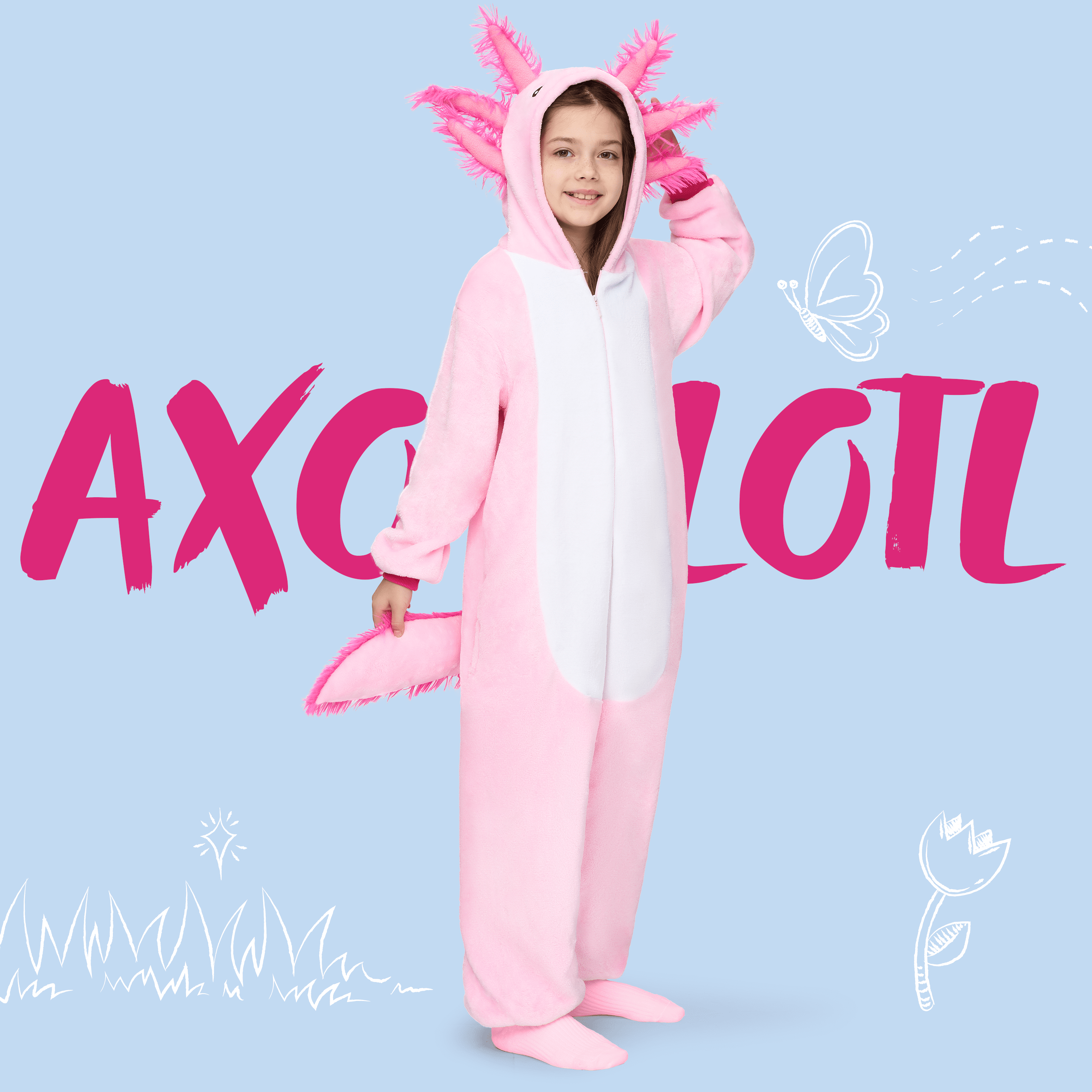  Halloween Axolotl Costume for Kids, Zip-Up Hooded Jumpsuit Pajama for Halloween Themed Party