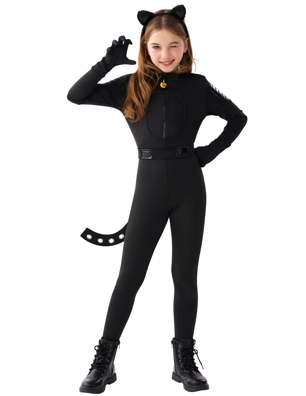  Black Cat Costume for Girls, Kids Cat Outfit Set with Tail, Child Black Cat Halloween Costume for Cosplay Party