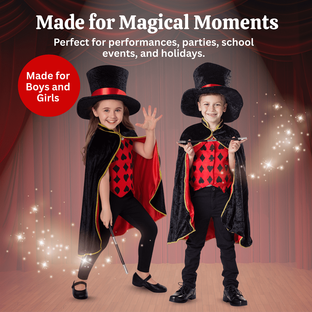 Dress Up America Magician Costume for Kids - Magician Cape, Hat and Wand Set - Magic Dress Up Costume for Boys and Girls Black