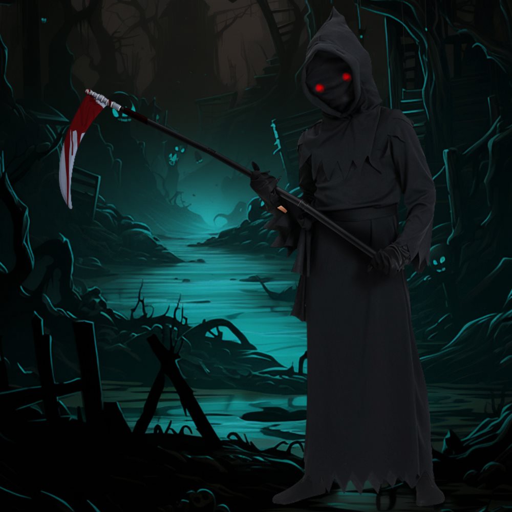 5-14Y Boys Girls Halloween Costumes Kids Grim Reaper Costume Set Scary Ghost Cosplay Outfit Halloween Party Favors Gifts(Glowing Glasses Optional)
