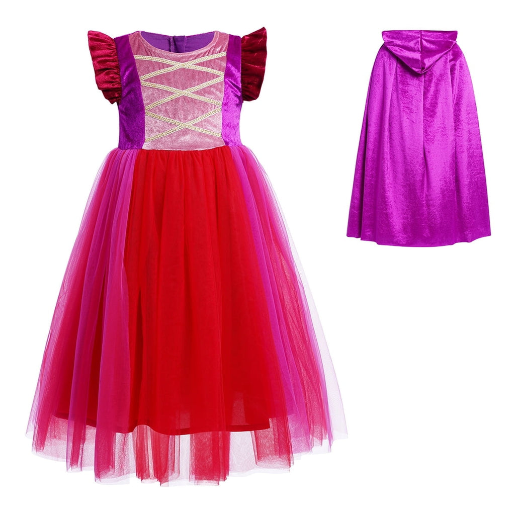 IBTOM CASTLE Kids Girls Witch Costume Tulle Dress Velvet Hooded Cloak Wigs Set Halloween Cosplay Birthday Party Carnival Dress up Outfit 4-5 Years Purple 2pcs