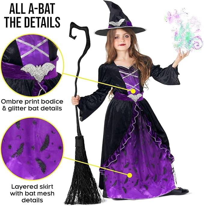  Deluxe Girls Purple Witch Costume Hat Kids Halloween Fancy Dress Halloween Purple/Black S