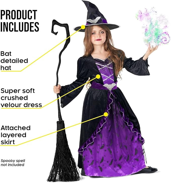  Deluxe Girls Purple Witch Costume Hat Kids Halloween Fancy Dress Halloween Purple/Black S