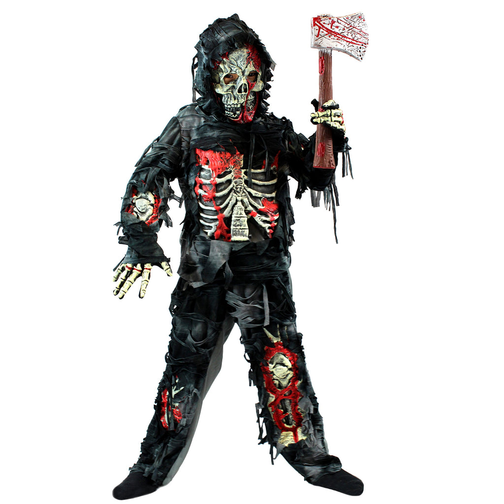  Kids Zombie Costume, Scary Halloween Zombie Costume for Boys, Monsters Costume with Plastic Toy Axe for Halloween Party Dress-Up Age Up to 14 Years