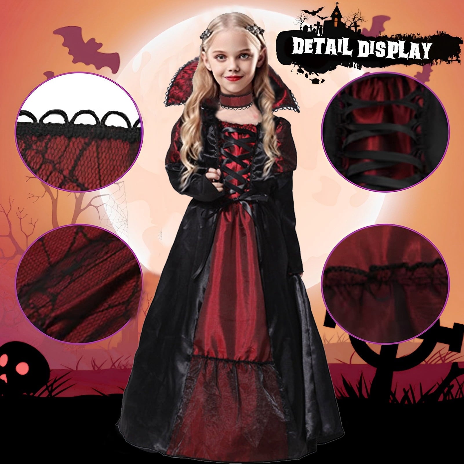 Alaiyaky Vampire Costume Kids, Halloween Costumes for Girls, Vampire Costume Girls Halloween Costume with Ruby Necklace earrings for Girls Halloween World Book Day
