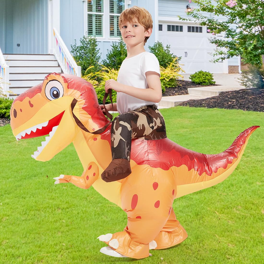 COMIN Child Inflatable T-Rex Costume Riding on Dinosaur Costume, Funny Halloween Blow Up Costume for Big Kids Cosplay