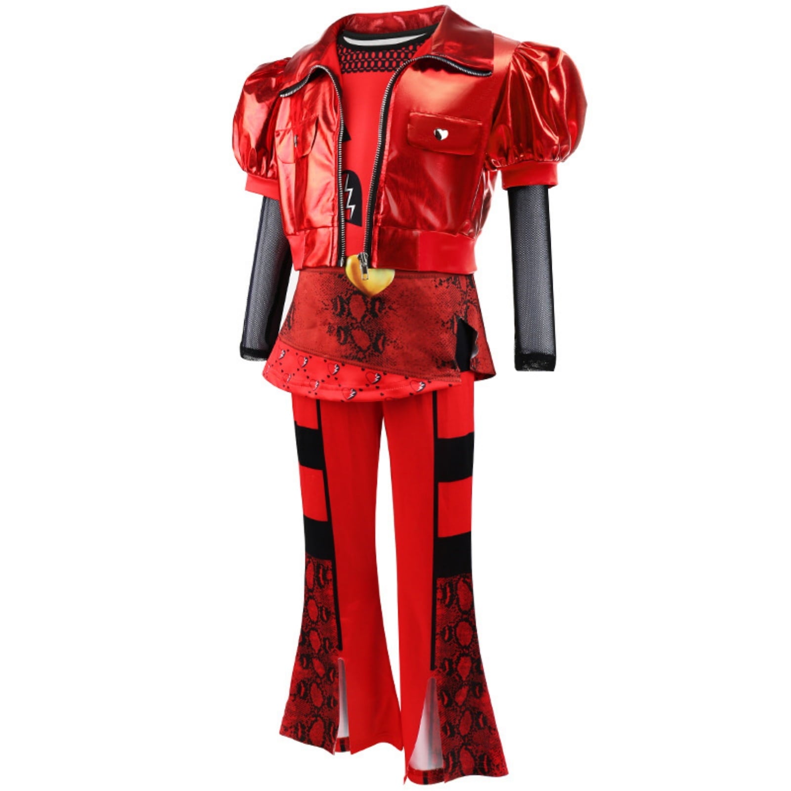 Kids Red Costume Girls Short Sleeves Jacket Top Flared Pants Wig 4pcs Halloween Princess Dress up 5-15Y