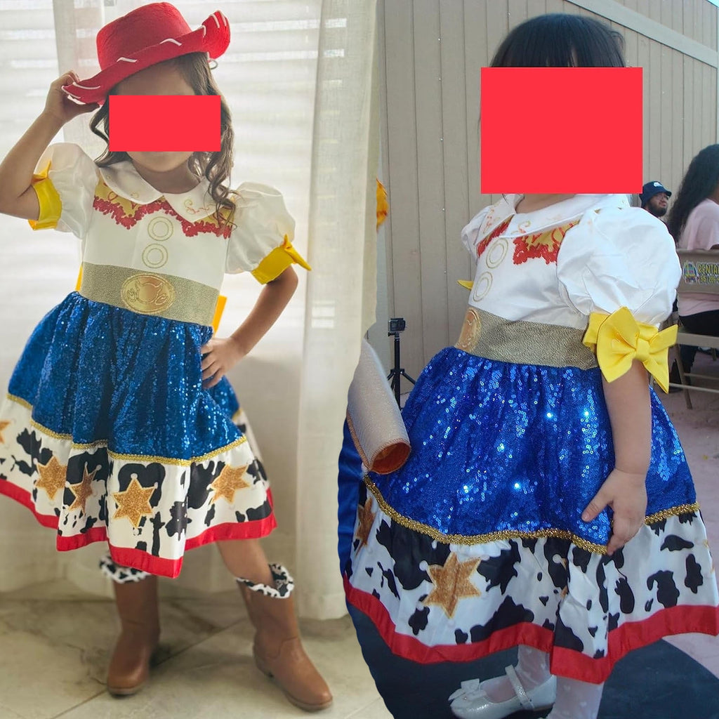Little Girls Cowgirl Sequins Costume Dress Up Halloween Birthday Party Outfit with Hat 5-6Y