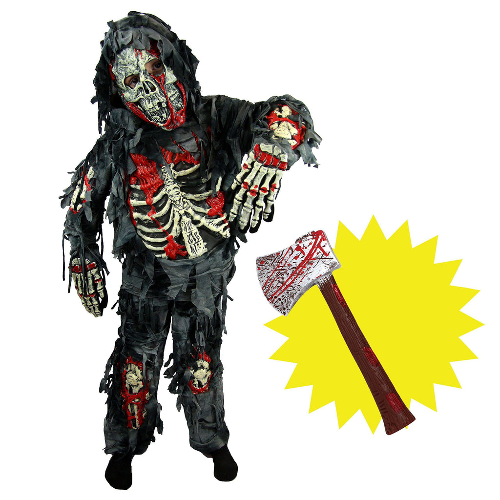  Kids Zombie Costume, Scary Halloween Zombie Costume for Boys, Monsters Costume with Plastic Toy Axe for Halloween Party Dress-Up Age Up to 14 Years